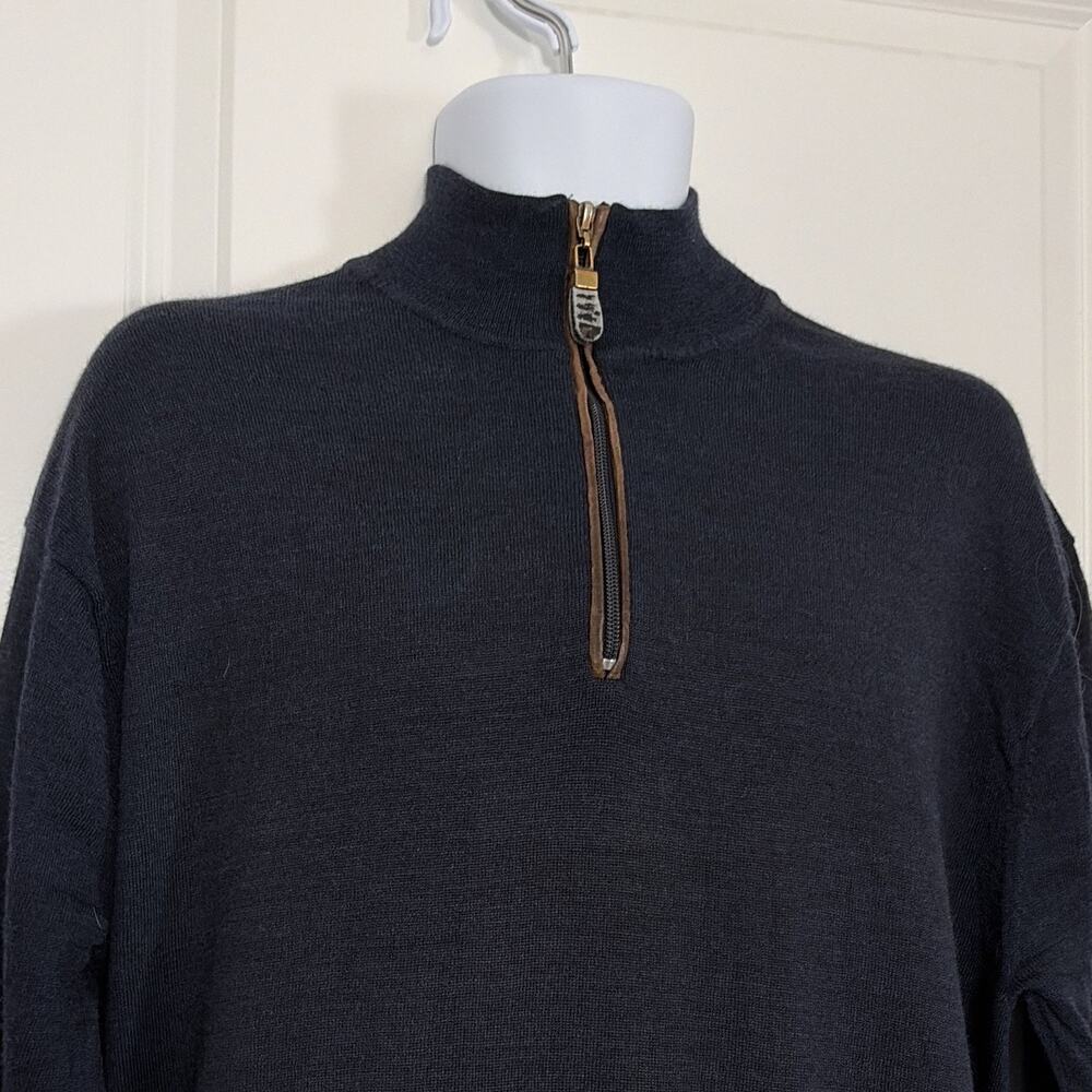 Orvis 100% Merino Wool 1/4 zip sweater suede zipper .gorpcore outdoorsmen